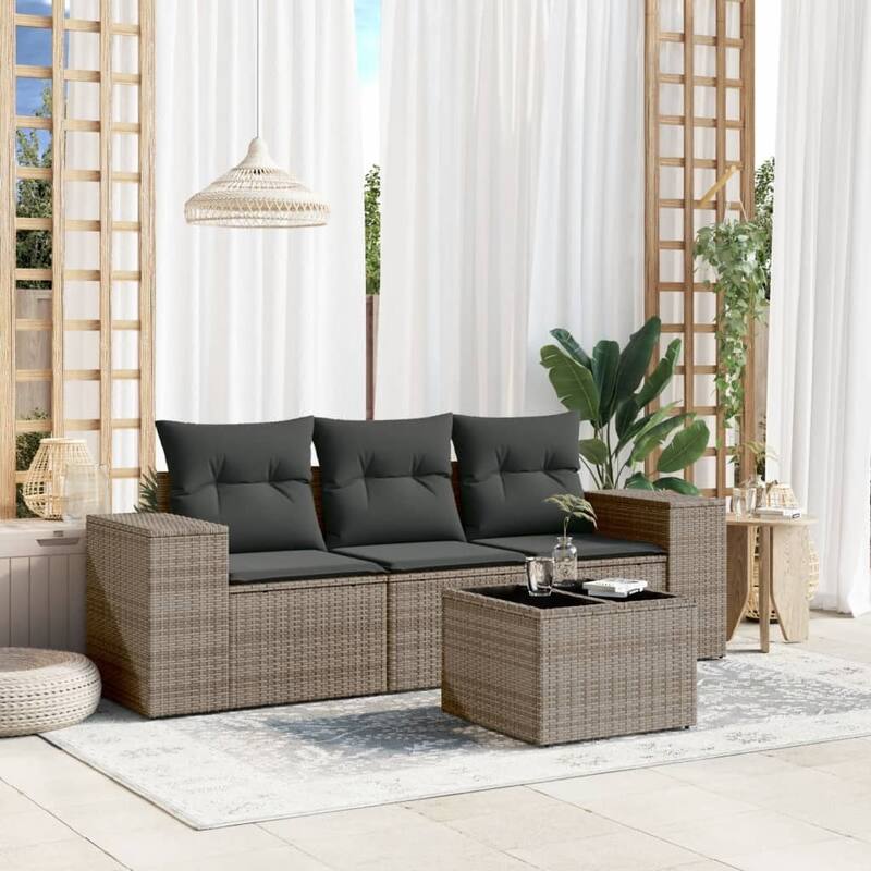 vidaXL Patio Sofa Set with Cushions Outdoor Furniture 4 Piece Poly Rattan - Gray with table - 21.7 x 21.7 x 14.6
