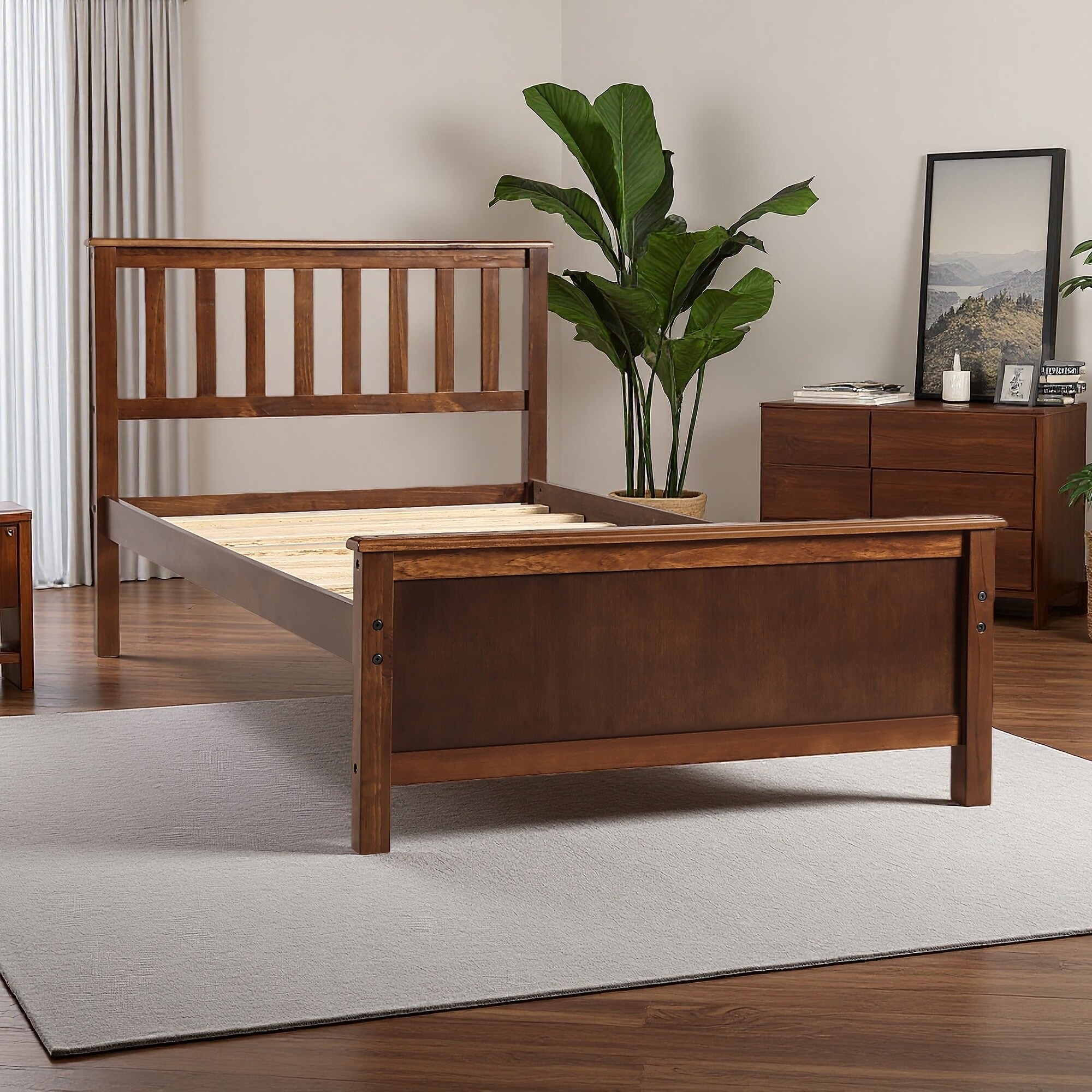 Twin Size Wood Platform Bed with Headboard, Footboard & Wood Slat Support, Classic Design, No Box Spring Needed