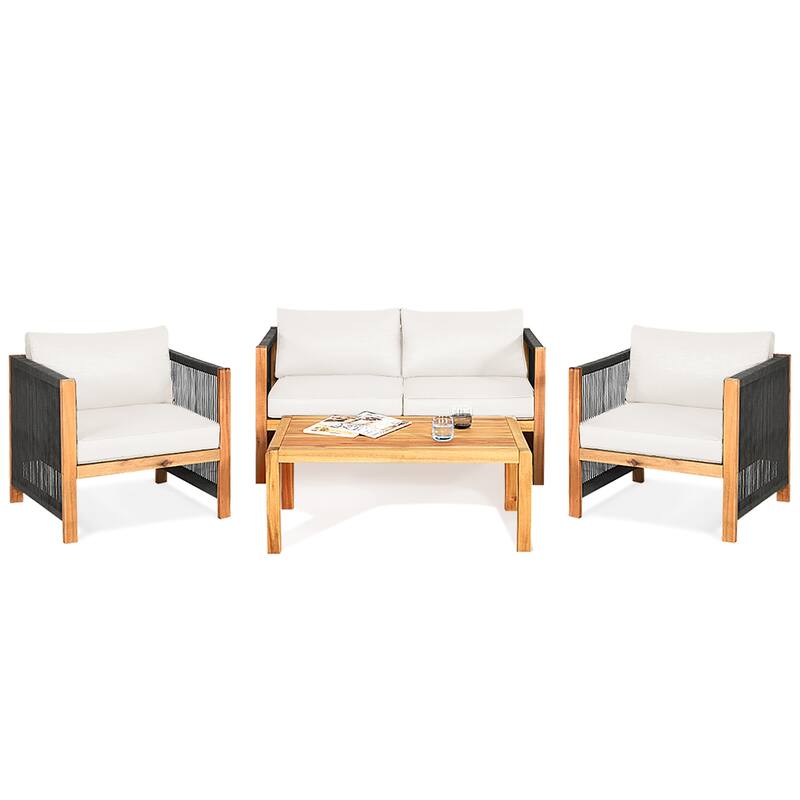 Costway 8PCS Wooden Patio Furniture Set Cushioned Sofa W/Rope Armrest