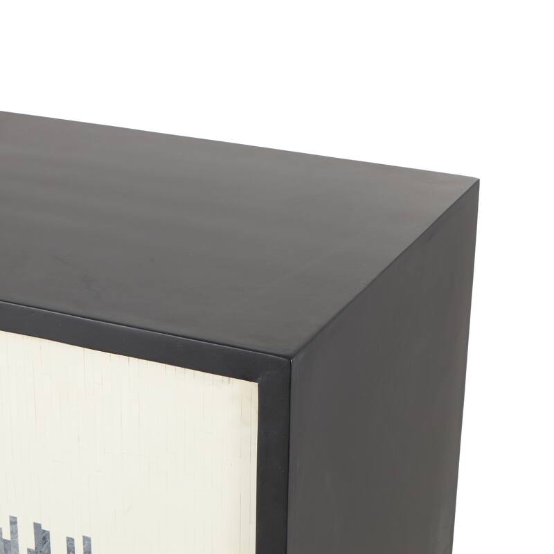 Brown or Black Mango Wood 3 Door and 3 Shelf Abstract Media Credenza Sideboard with White Front and Striped Pattern