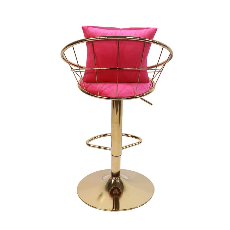 Set of 2 Rose Red Velvet Bar Chair with Pure Gold Plated, 360° Swivel Adjustable Height Bar Stools with Back Pillow