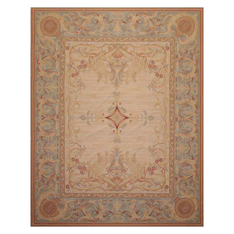 7'6''x9'6'' Hand Woven Wool Beige French Aubusson Needlepoint Area Rug - 7' 6'' x 9' 6''