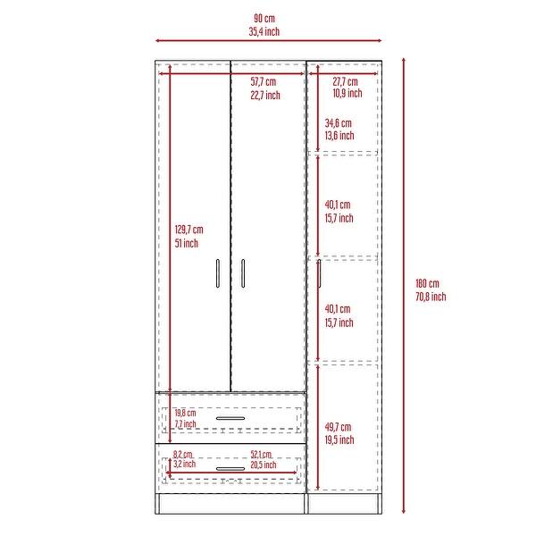 dimension image slide 1 of 2, Bosko 3 Doors Armoire, 2 Drawers, 4 Shelves, Metal Rod