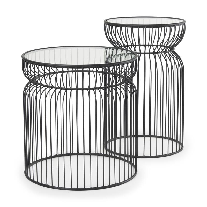 HomeRoots Set of Two Clear and Black Tempered Glass and Metal Wire Round Drum End Tables - 18.90 in. x 20.08 in. x 18.90 in.
