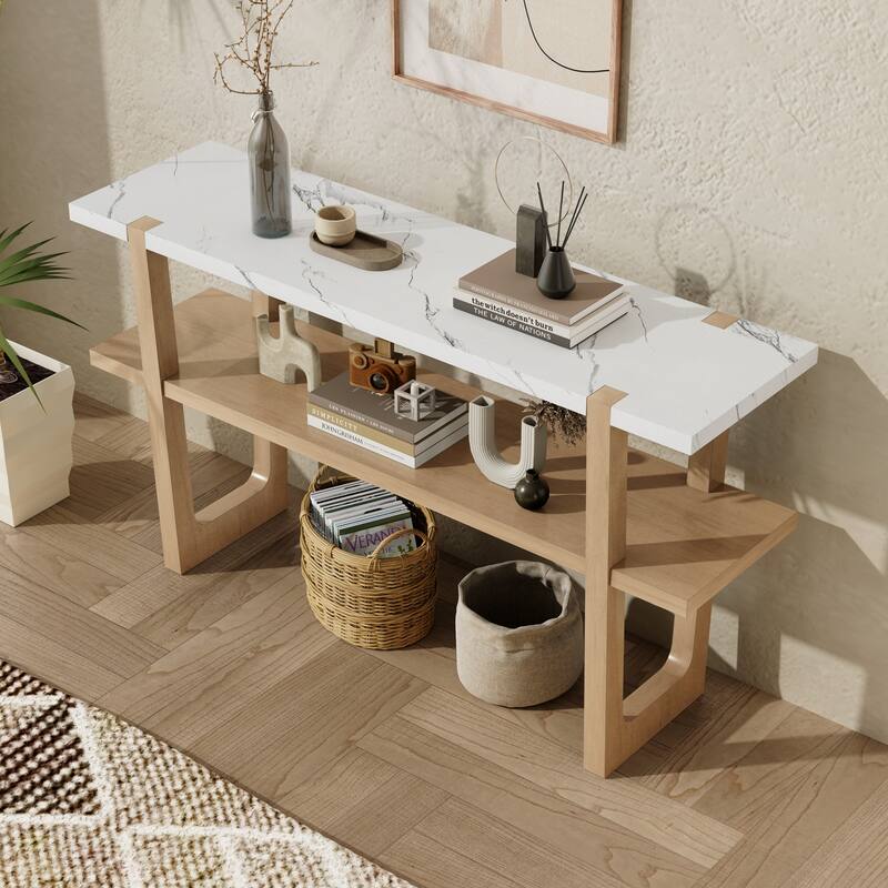 Narrow Console Table with Marble-Effect Top(Natural)