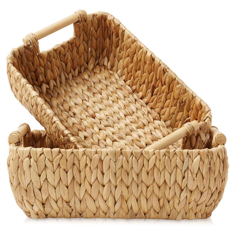 Hyacinth Seagrass Oval Storage Baskets with Wooden Handles Woven Bins
