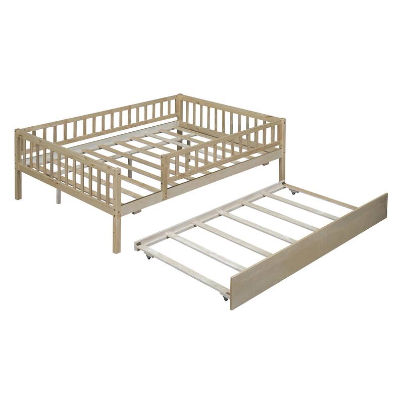Full Size Wood Daybed with Trundle and Fence Guardrails, Space-Saving Design