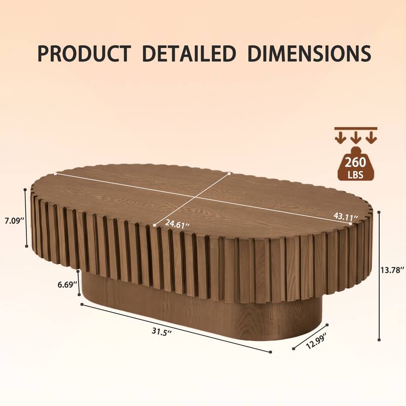 Oval Coffee Table for Living Room, Mid Century Modern Wooden Table with Pedestal, Unique Drum Tea Table Side Center Table