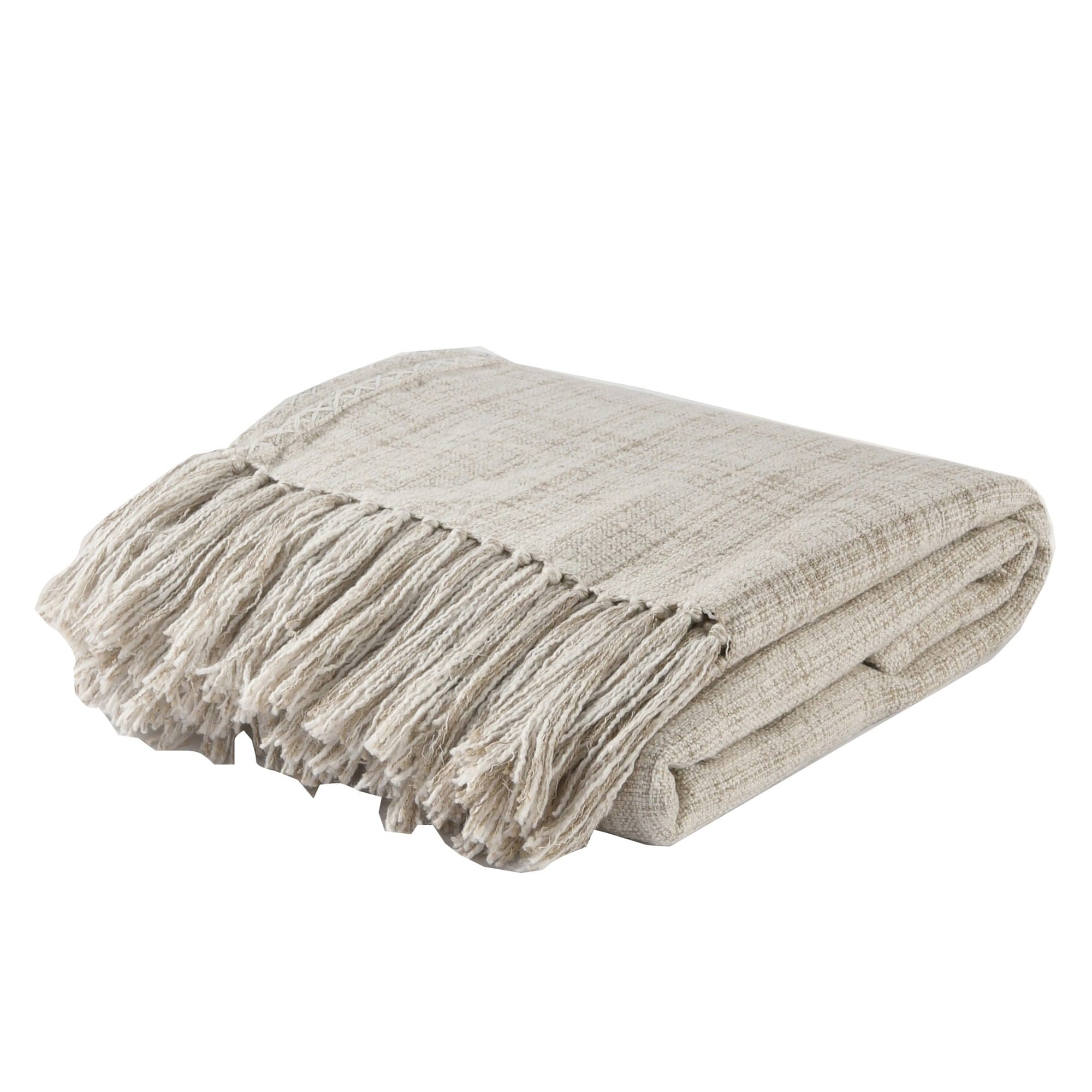 Fabric Throw Blanket with Woven Ends and Fringes, Off White