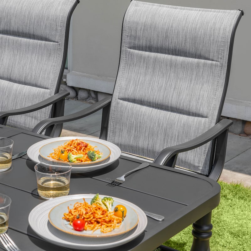 Patio 7-Piece Textilene Dining Set, C-Spring Chair Legs and Umbrella Hole