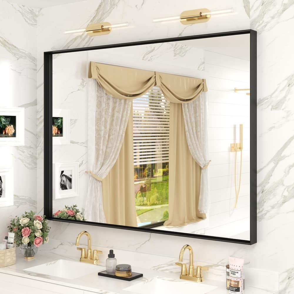 Extra Large Metal Frame Wall Mirror Black Tempered Glass for Bathroom