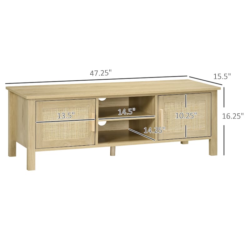 Boho Chic TV Stand Natural Wood with Hand Woven Rattan Doors Adjustable Shelf and Pine Wood Handles