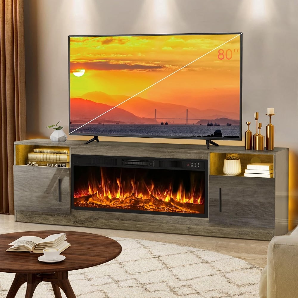 Bossin 70" Fireplace TV Stand with 36" Electric Fireplace, TV Stand for TVs Up to 80", 16 Colors LED Lights/Entertainment Center