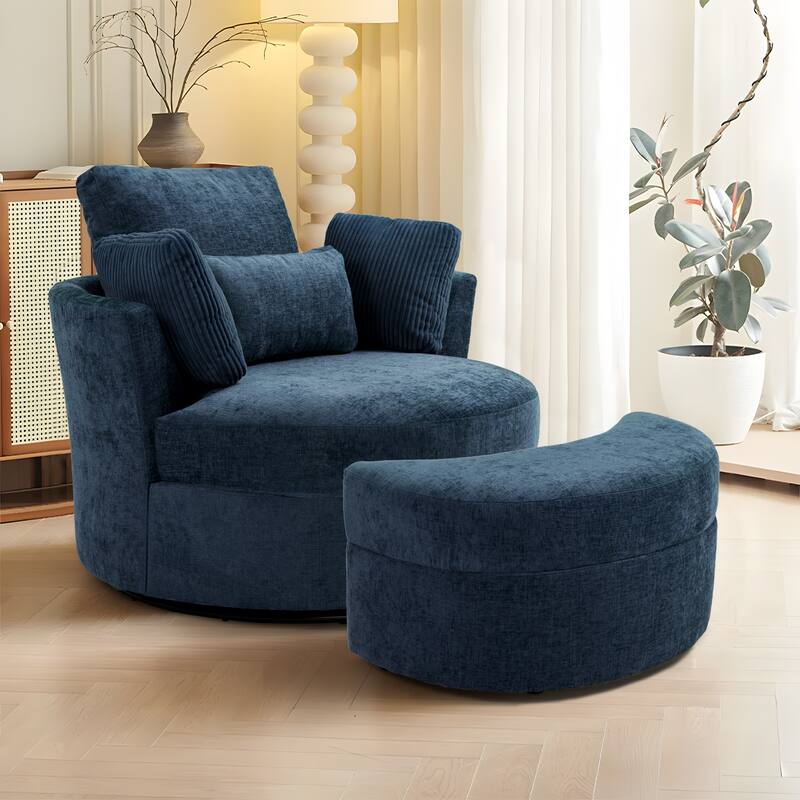 41" W Oversized Accent Barrel Swivel Chair with Moon Storage Ottoman - Set of Chair with Ottoman - Navy Chenille/Corduroy Pillows