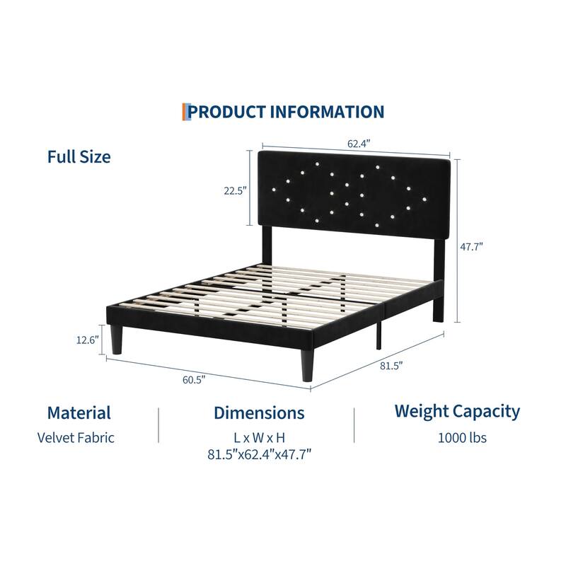 Bed Frames, Velvet Upholstered Bed Frame with Vertical Channel Tufted & Sturdy Wood Slats - Black - Queen