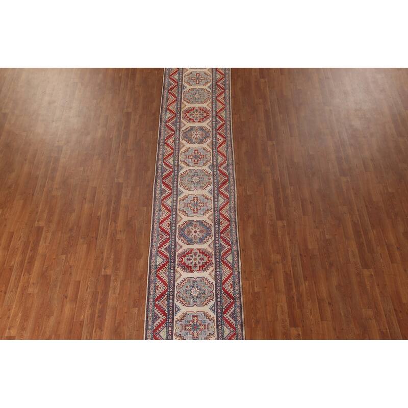 Geometric Kazak Runner Rug Handmade Beige Oriental Wool Carpet - 2'7" x 15'5"