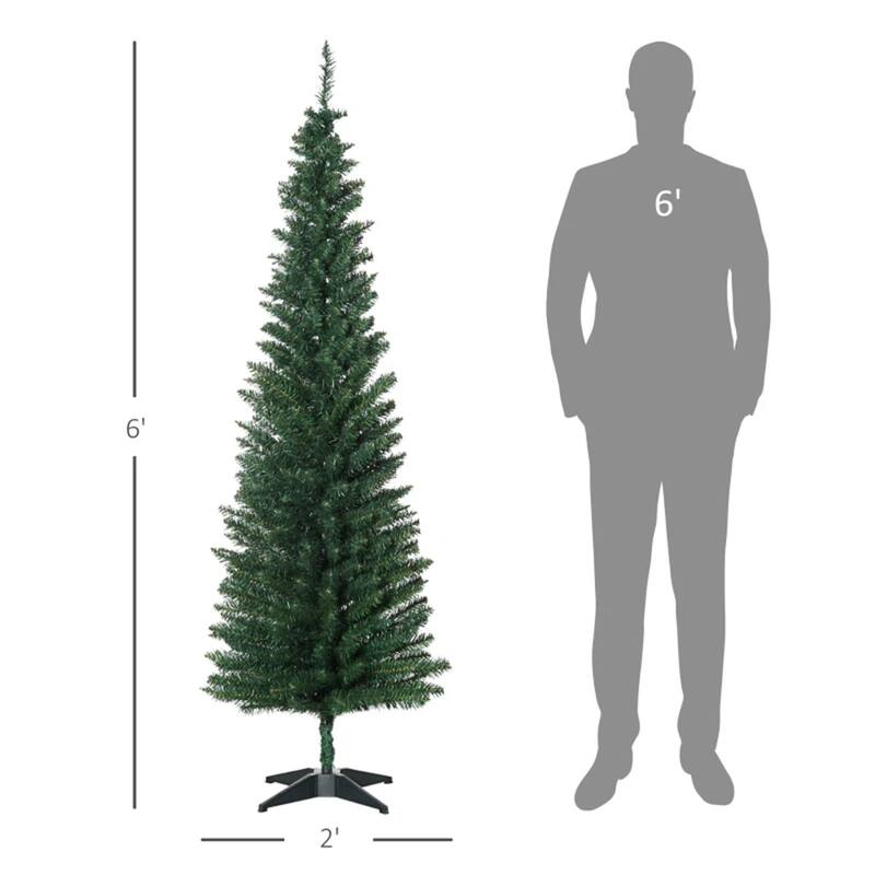 6 Foot Green Artificial Pencil Christmas Tree Unlit 390 Tips Slim Space Saving Plastic Metal Base - Dia 21.75" x 70.75" H