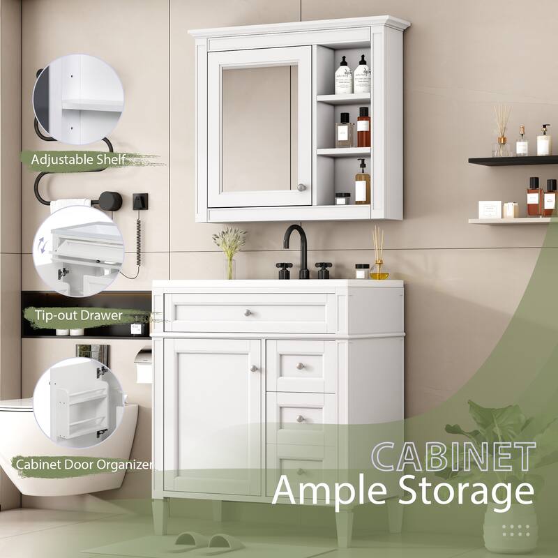 GDFStudio - Montvale Modern Freestanding Bathroom Vanity Set with Mirror Cabinet, Resin Sink & a Tip-out Drawer - 30'W