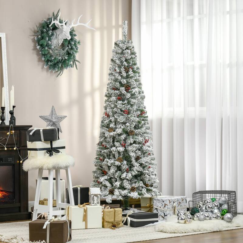 6' Unlit Snow Flocked Pencil Christmas Tree, 600 Tips, Pine Cones & Berries, Easy Assembly, Flame Retardant