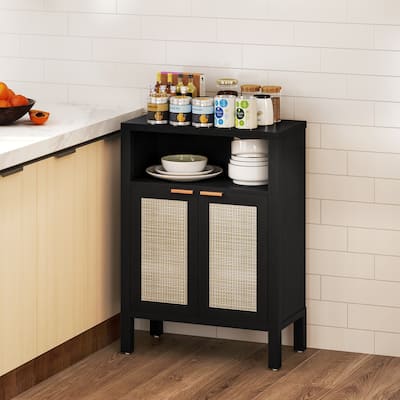 Rattan Sideboard with Adjustable Shelves and Golden Handles for Kitchen Dining and Living Room Storage