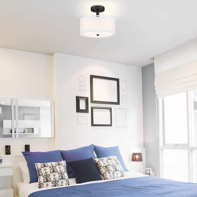 3-Light 11-in Matte Black Semi Flush Mount Light With Fabric Shade - 12-in