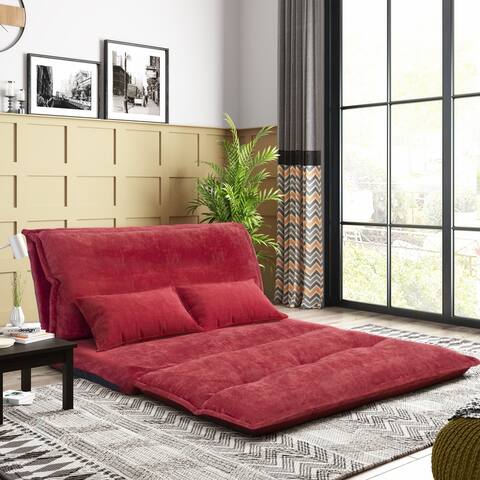 Lazy Sofa Chair Adjustable Folding Futon Sofa with Two Pillows, Red/Black