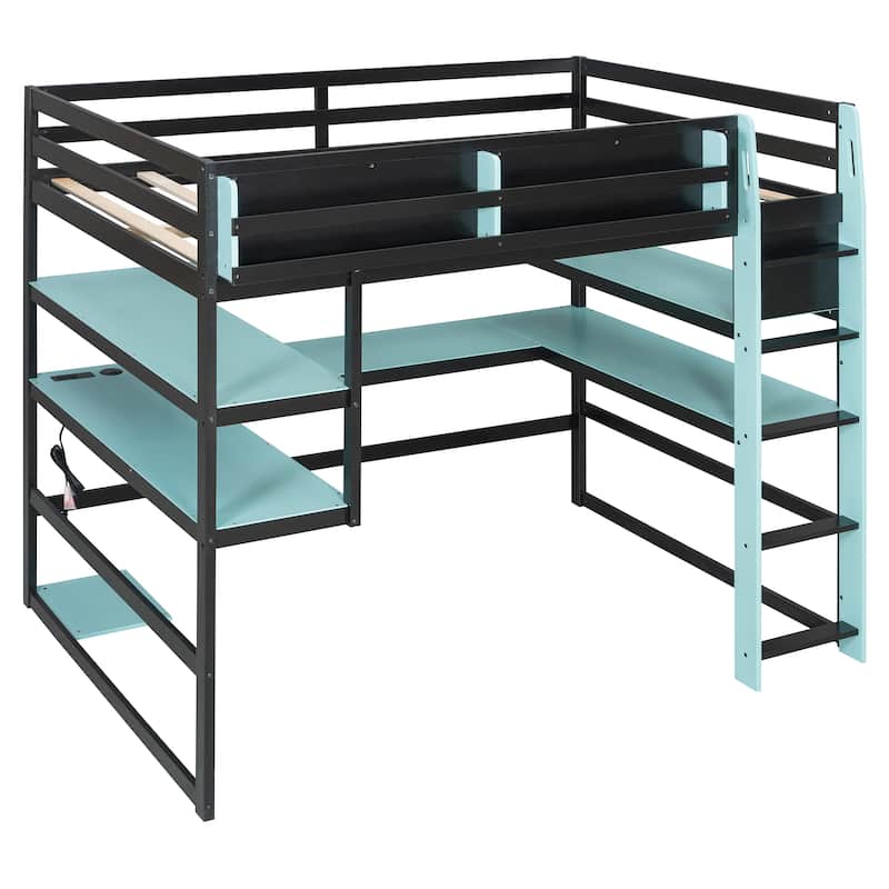 Loft Bed with Wraparound Study Hub, Side Storage Rack, USB Charging & RGB Light by Harper&Bright Designs