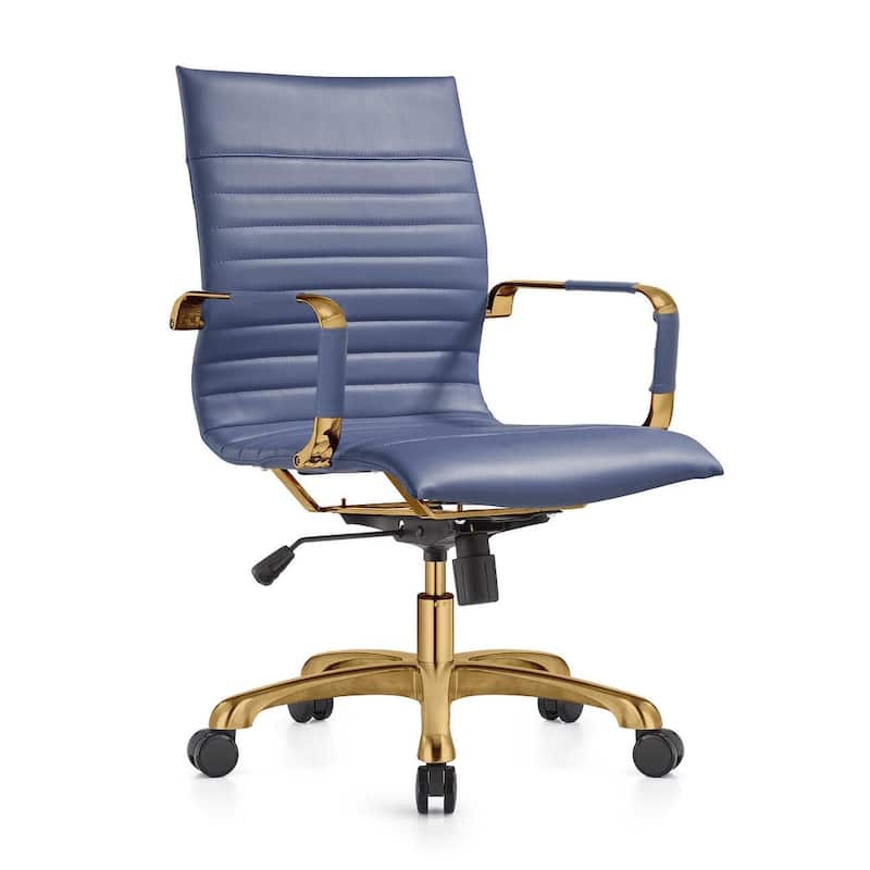 Harris Gold Frame Leather Office Chair with Padded Seat, Adjustable Height, Tilt Lock, 360° Swivel, and Smooth Rolling Casters - Navy Blue
