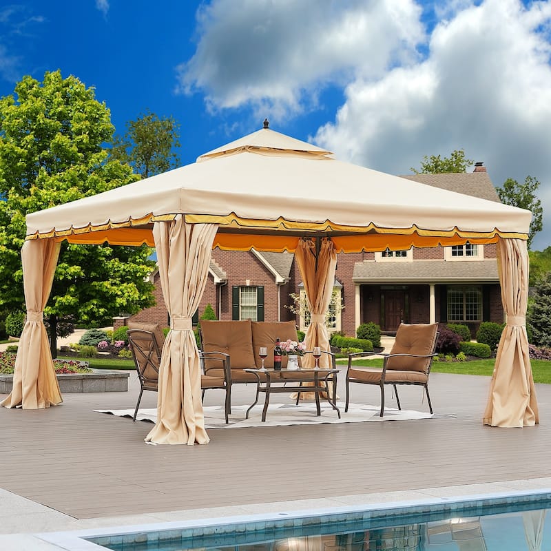 EROMMY Outdoor Canopy Gazebo Double Roof Patio Gazebo with Soft Top, includes Curtains