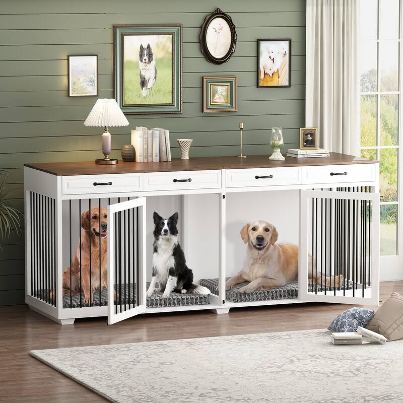 Wooden Dog Crate Kennel with 4 Drawers,Divides for 2 Large Dogs Indoor - Wood+White