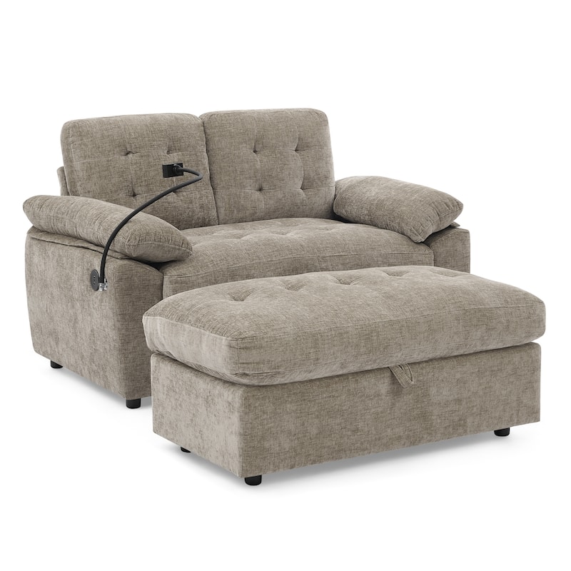Double Recliner Chair with Adjustable Backrest, Storage Ottoman, USB Port & Phone Stand