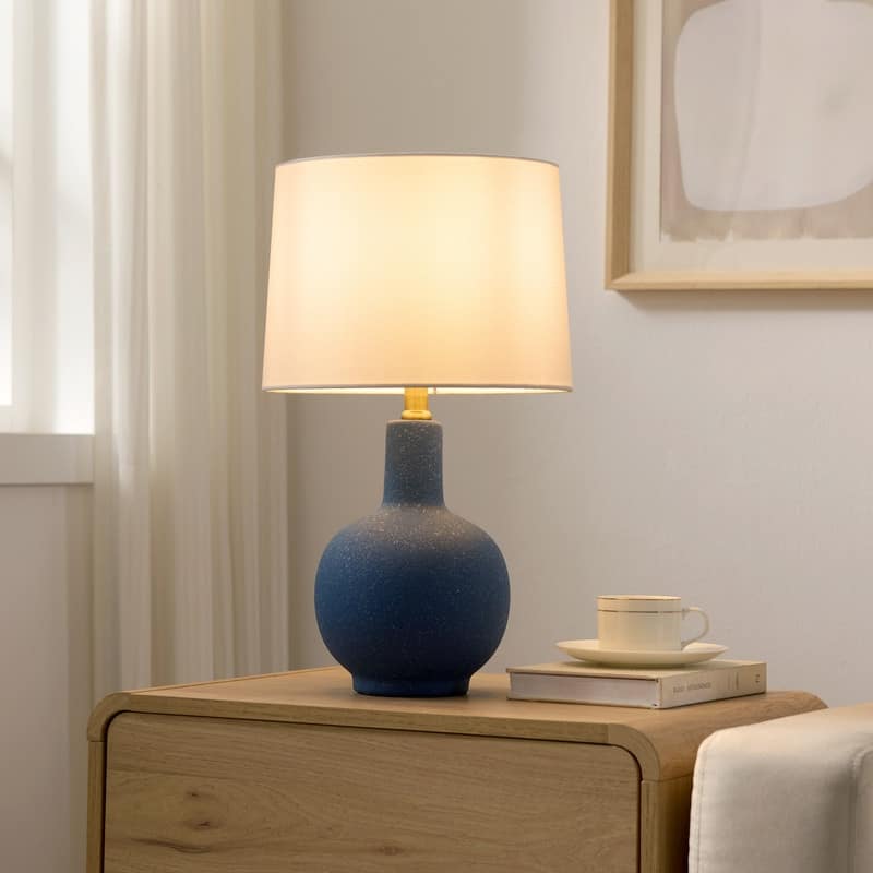 KAWOTI Navy Coastal Ceramic Table Lamp with White Fabric Shade for Bedroom Living Room - D11" * H18.5"