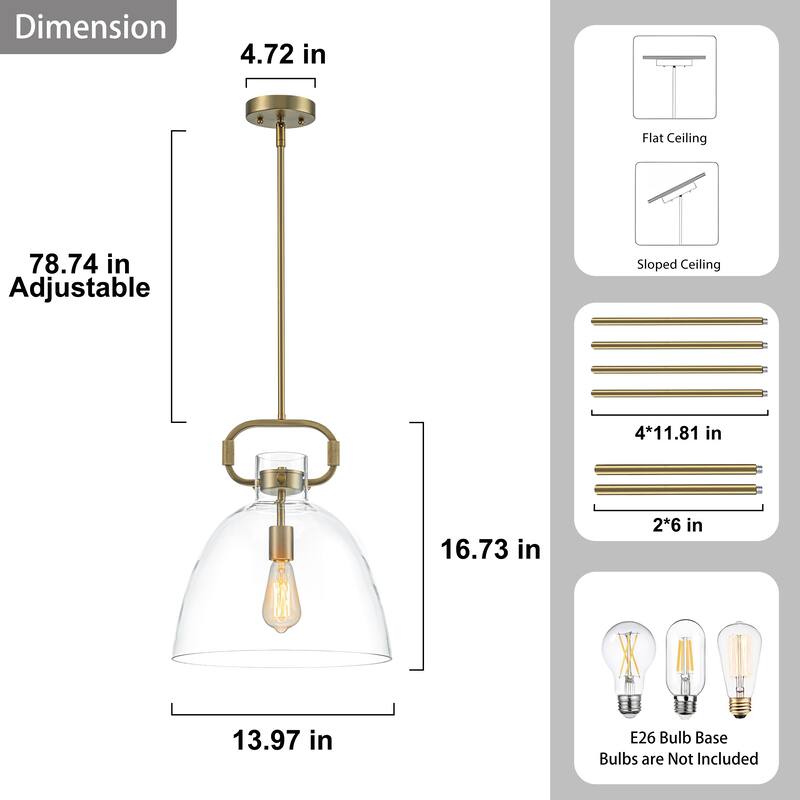 Starskys 1-Light Industrial Pendant Light with Bowl-Shaped Clear Glass Shade