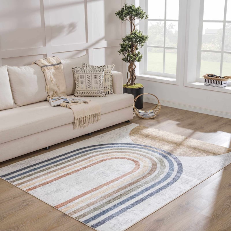 Hauteloom Giza Living Room, Bedroom Machine Washable Area Rug - Traditional - Dark Blue, Light Blue, Olive - 2' x 3'