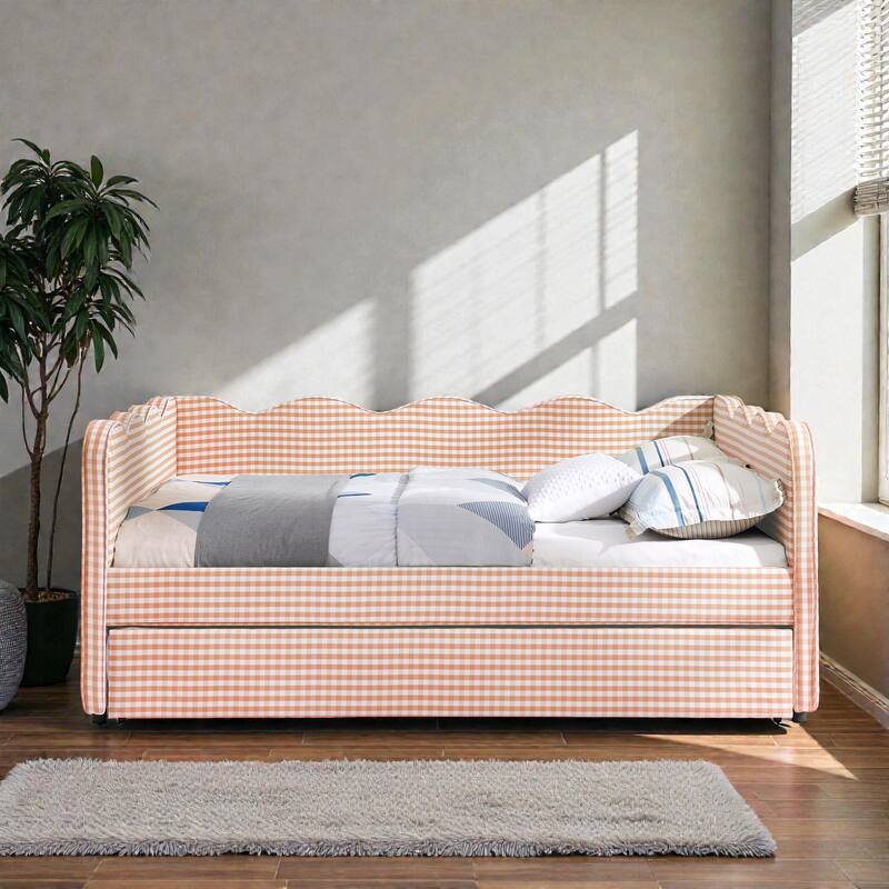 Full Size Gingham Daybed with Twin Trundle, Linen Sofa Bed with USB Port and Wave Shaped Design