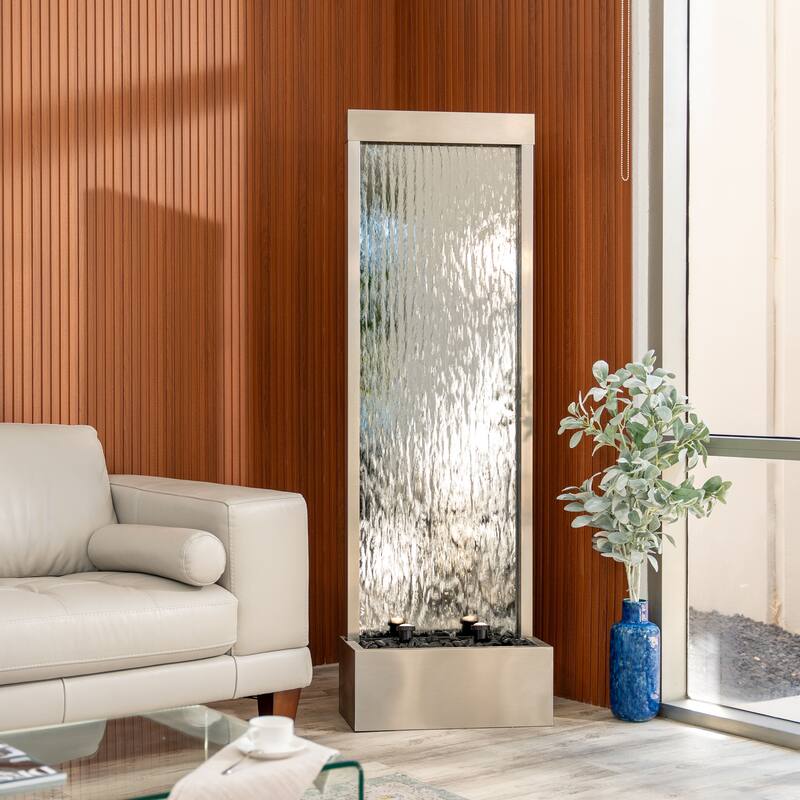 XBrand 68 in H Freestanding Waterfall Fountain, LED Lights & Auto-Shut Off Pump, Stainless Steel/Mirror Glass,Silver Frame