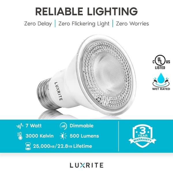 Luxrite 6 Pack LED Spotlight 7W=50W, Dimmable, Indoor Outdoor, 500 Lumens, Wet E26 Base, UL Listed - - 33443323
