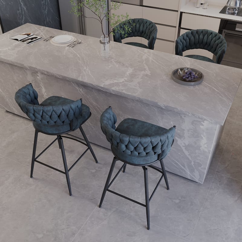 26" Bar Chair Suede Woven Bar Stool Set of 4 360 Swivel Arm Chairs w/ Back Footrest (Blue)