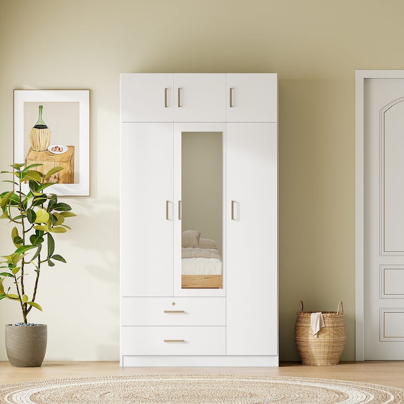 Mirror Wardrobe with 2 Drawers and Top Cabinet by Harper&Bright Designs - White