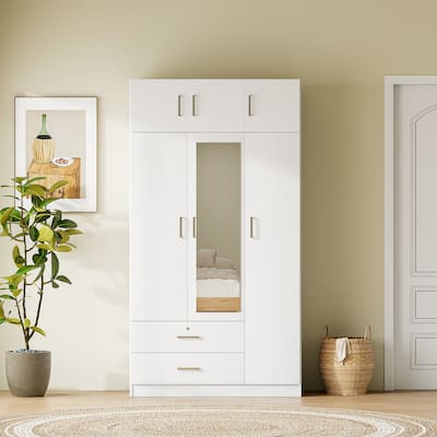 Modern Clean 3-Door Wardrobe Built-In Mirror Armoires with 2 Storage Drawers and Top Cabinet