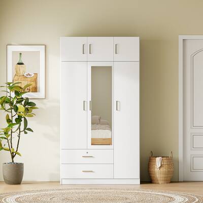 Modern Sleek Design 3-Door Mirror Wardrobe with 2 Drawers and Top Cabinet