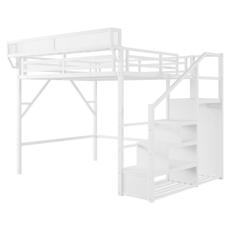 Metal Loft Bed with Wooden Stairs Built-in Storage Shelves and Wardrobe, High Loft Bed Frame with Side Grid Storage Rack