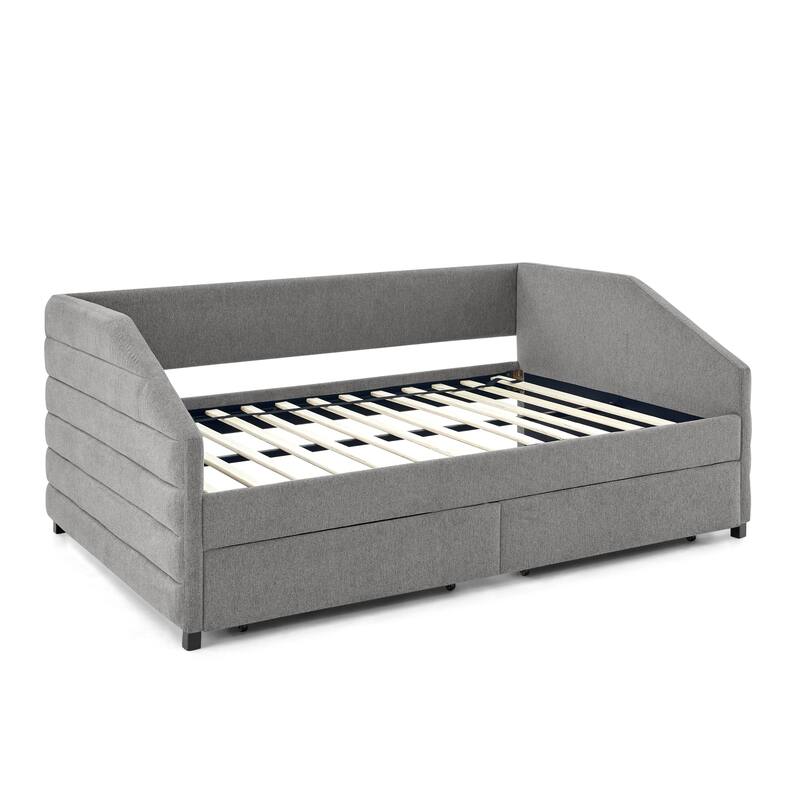 Twin/Full/Queen Size Upholstered Daybed with 2 Drawers, Linen Fabric Upholstered Sofa Bed, Wheeled Storage Daybed w/ Wood Frame