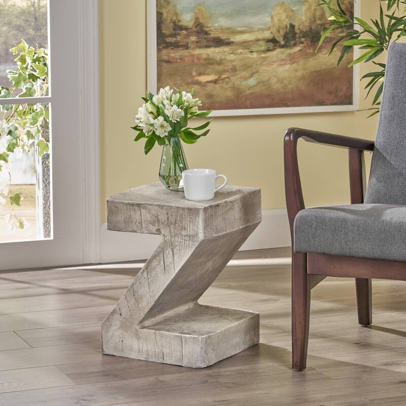 Roomfitters Outdoor Side Table with Z-Shaped Sculptural Concrete Build for Patio, Living Room or Entryway - Grey