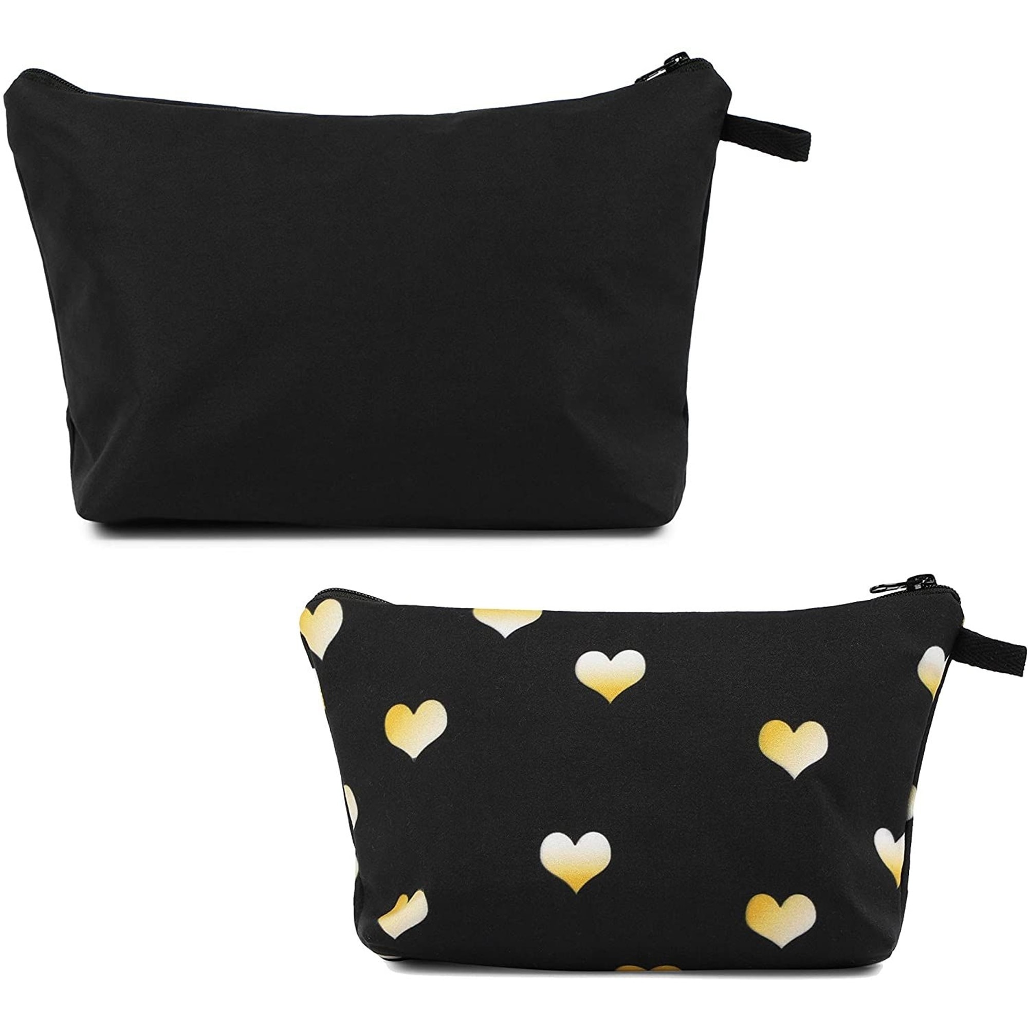 Glamlily Set of 2 Hearts Makeup Travel Bags for Women Girls, Small Cute Cosmetic Storage Pouch, Toiletry Organizer, Black, 2 Sizes