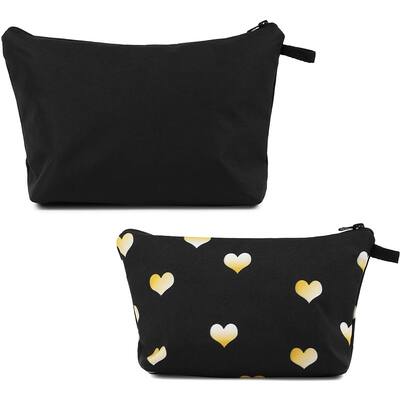 Hearts Makeup Bags, Cosmetic Travel Pouches in 2 Sizes (Black, 2 Pack)
