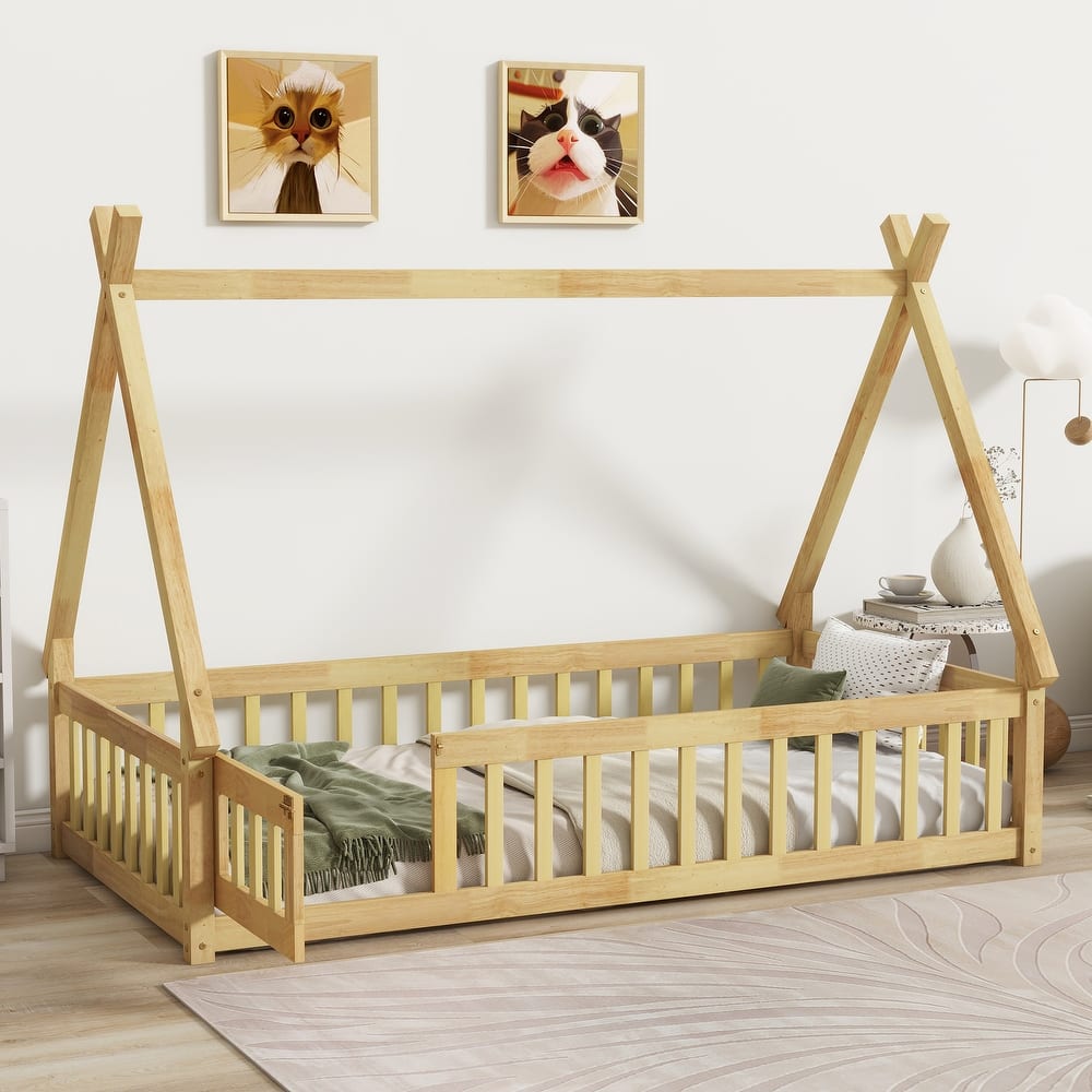 Twin Tent-shaped Floor Bed,Teepee Bed with Guardrails