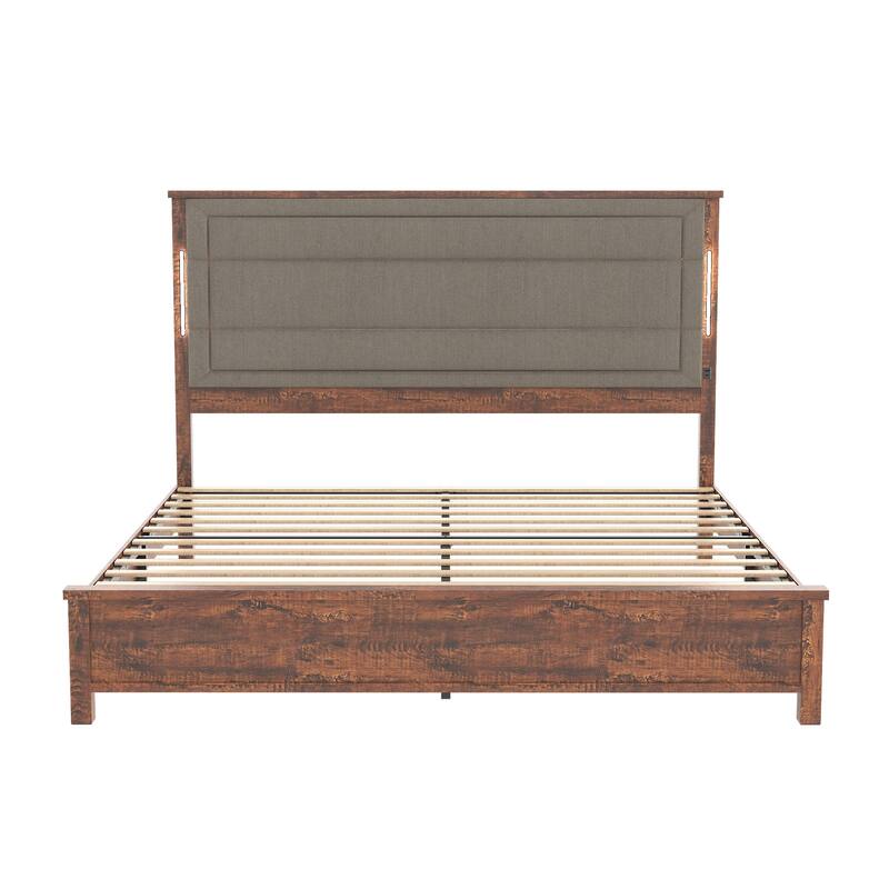 Platform Bed with Upholstered Headboard, Charging Station & LED Lights