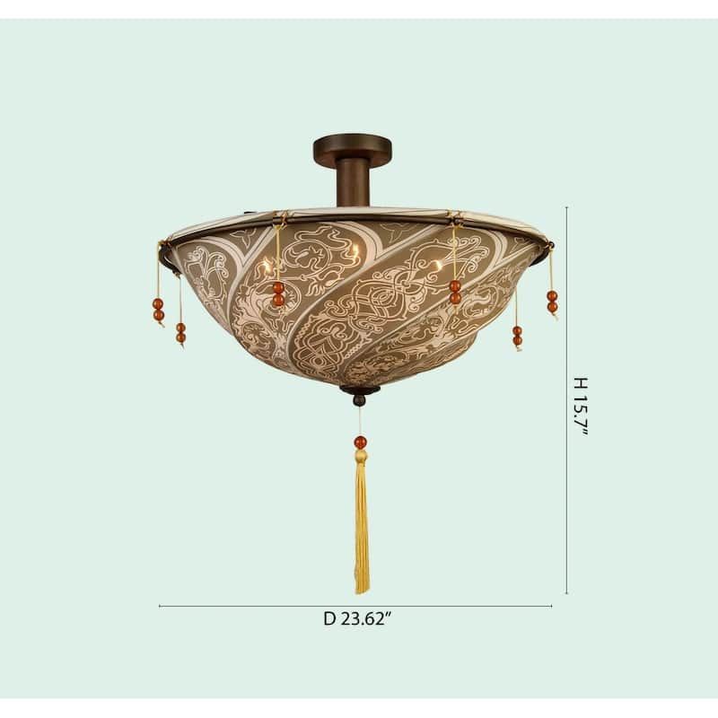 4-Light Brown Patterned Fabric Lighting Fixture