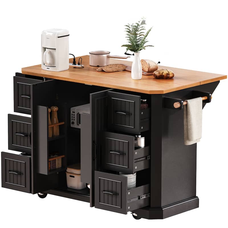 Farmhouse Kitchen Island with Drop Leaf & Power Outlet, 56" Folding Kitchen Table with 6 Drawers and 4 Shelves, Towel Rack